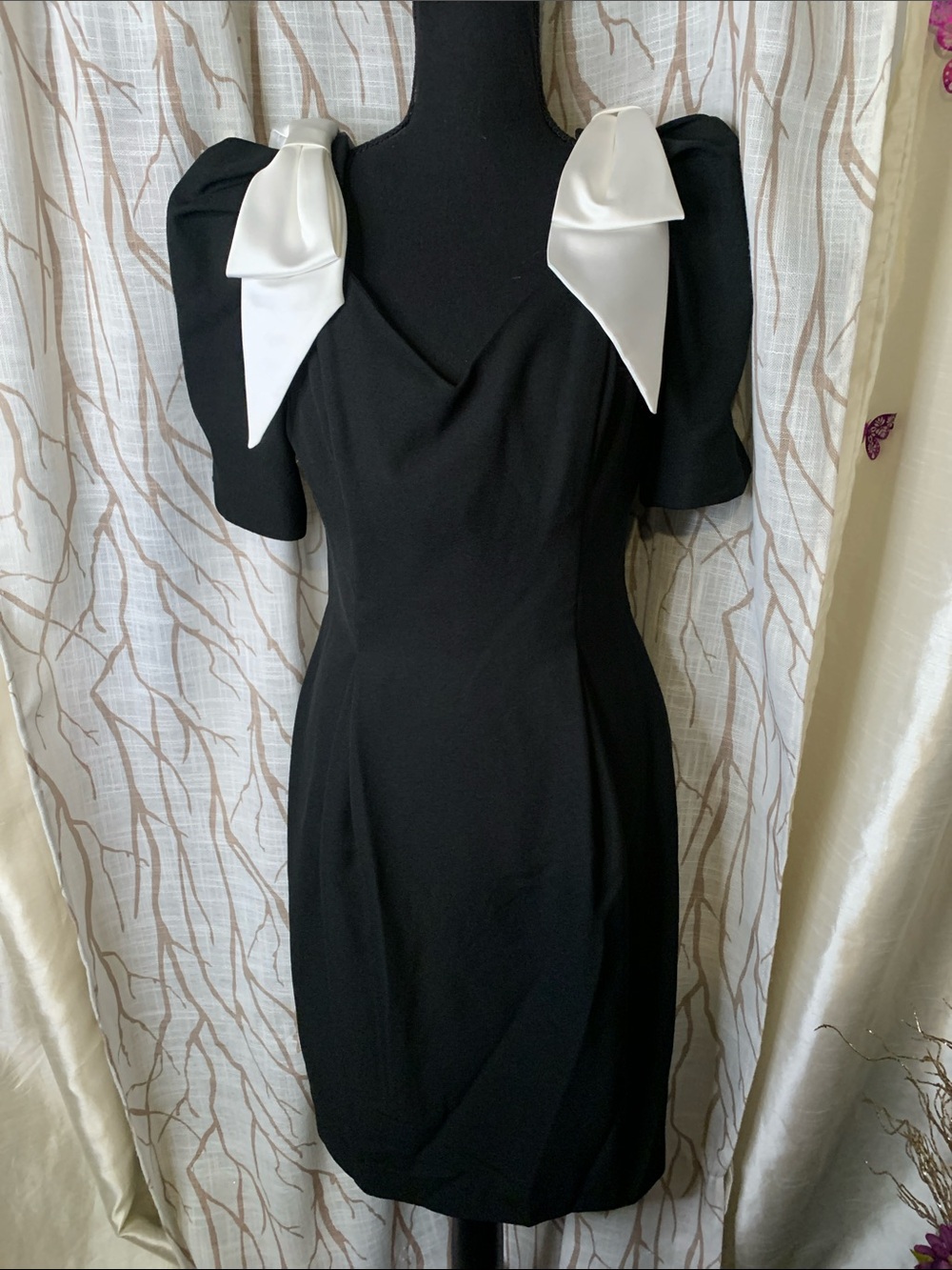 Vintage Black Dress with White Bow Shoulder Accents